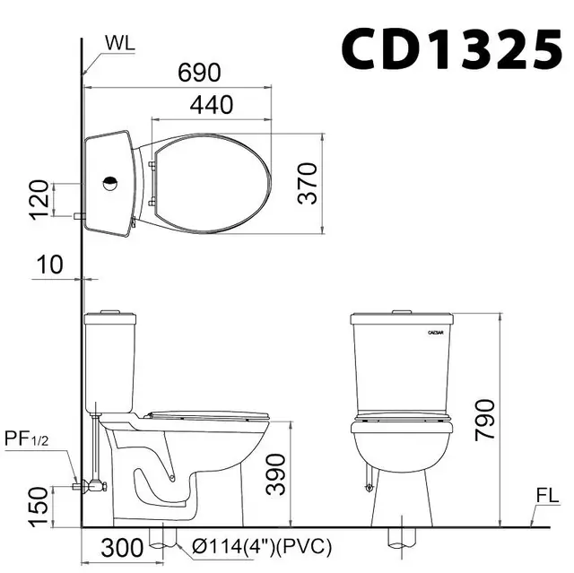 Bồn Cầu 2 Khối Caesar CD1325 Trắng Thân Dài - Ảnh 3