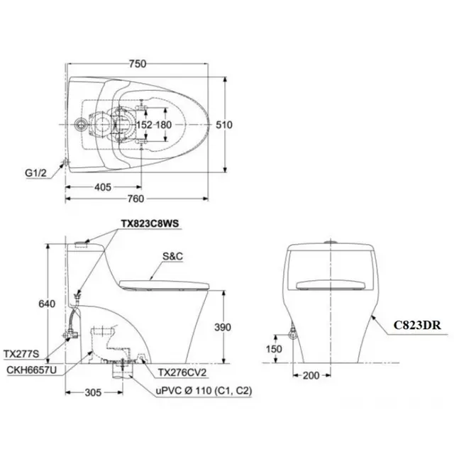 Bồn Cầu 1 Khối TOTO MS823DRT8 Trắng Thân Dài - Ảnh 3