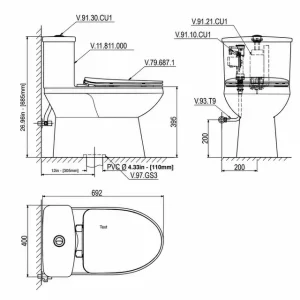 Alternative view of Bồn Cầu 1 Khối Viglacera V811 (+ Vòi Xịt VG826) Trắng Thân Dài
